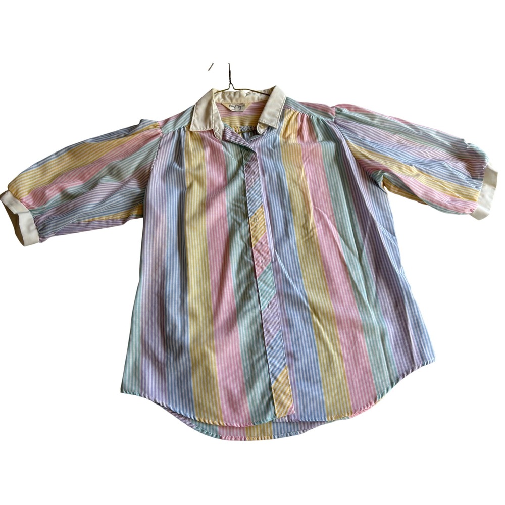 Vintage Cheryl Tiegs Pastel Striped Button Down Shirt 80s Multi Color Size‎ 14